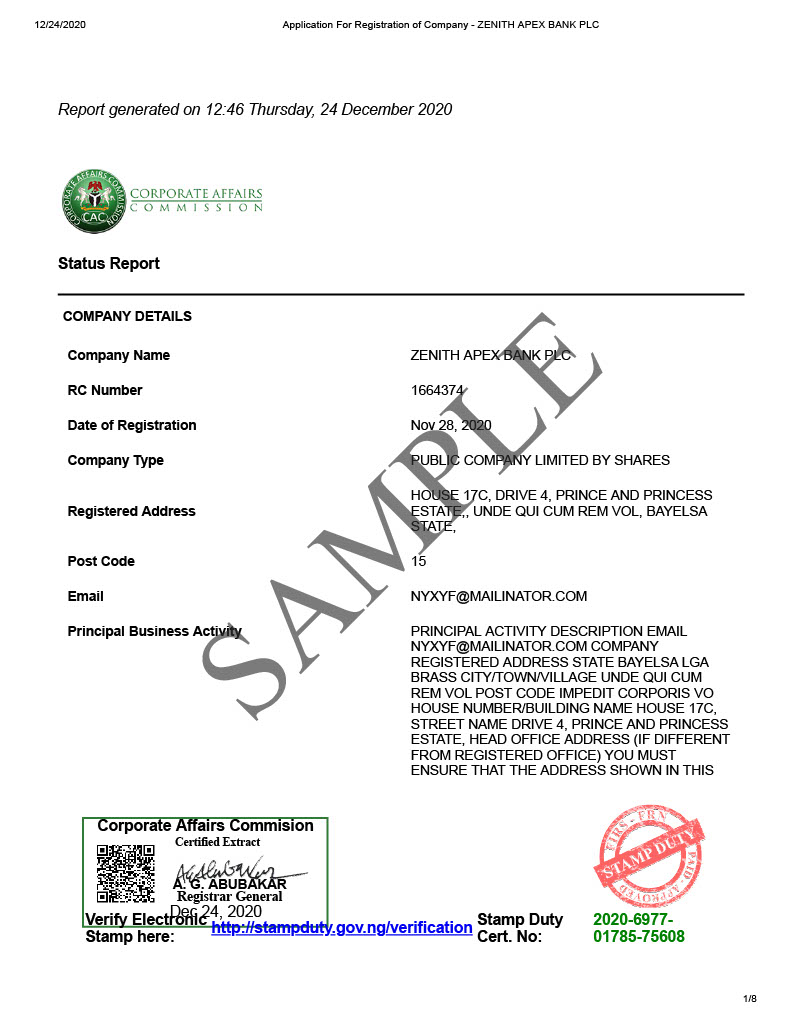 What is a CAC Status Report? A Complete Guide for Nigerian Businesses 2 status%20report%20 %20ZENITH%20APEX%20BANK%20PLC1024 1
